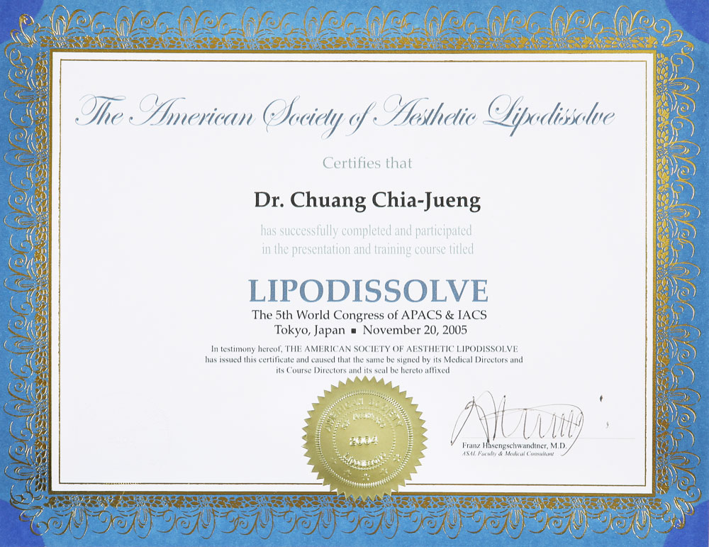 Chia-Jung Chuang. MD - 美國溶脂學會消脂針注療認證醫師2005