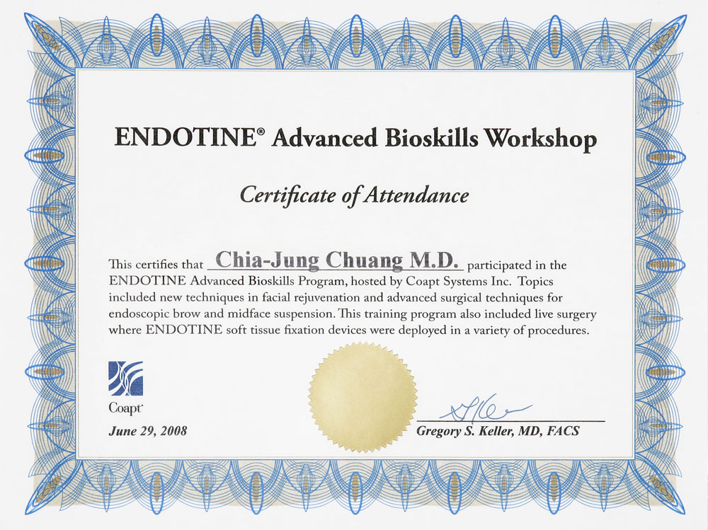 Chia-Jung Chuang. MD - 美國Endotine五爪鉤拉提手術認證醫師2008