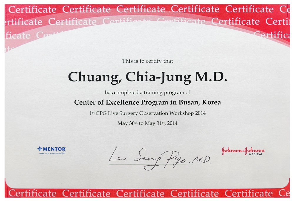 Chia-Jung Chuang. MD - 美國Mentor公司CPG系列水滴型義乳手術認證醫師2014