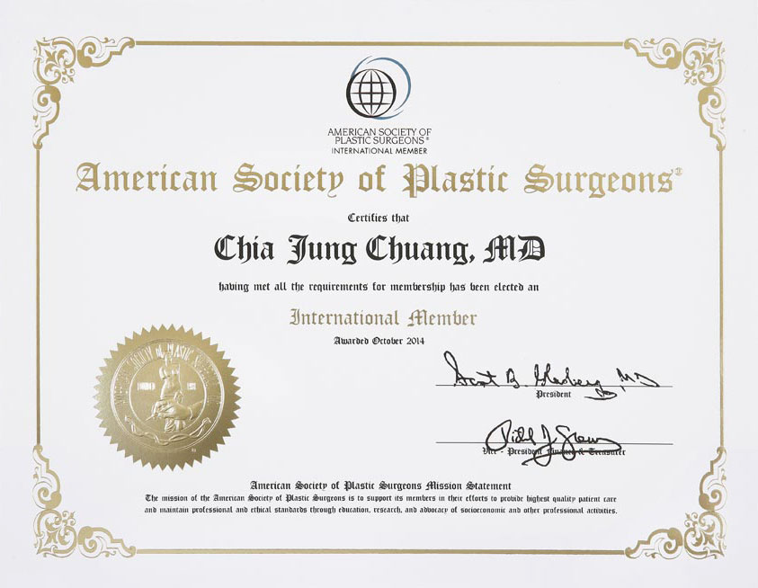 莊家榮醫師 - 美國整形外科醫學會國際會員(ASPS)會員證書