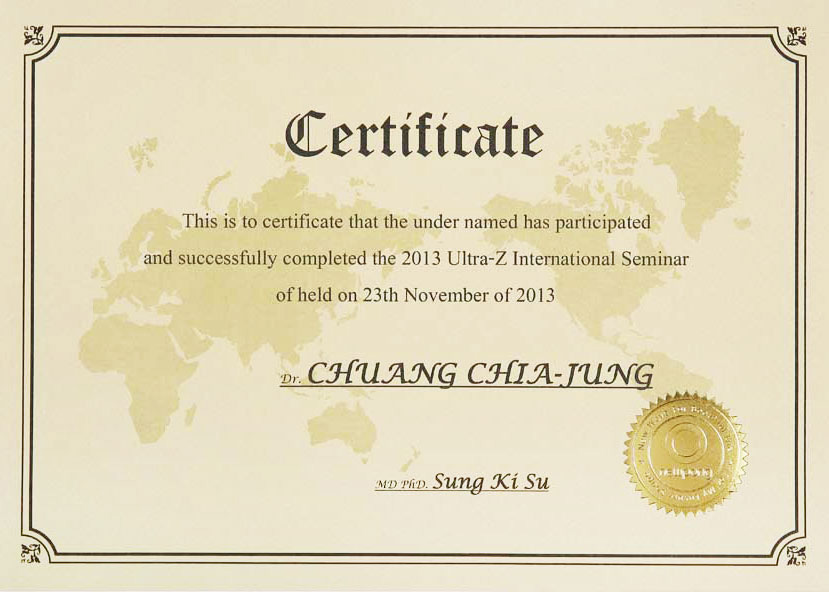 Chia-Jung Chuang. MD - 韓國Ultra-Z超音波溶脂手術認證醫師2013